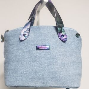 Handmade Light Blue Denim Handbag with Faux Leather Handles